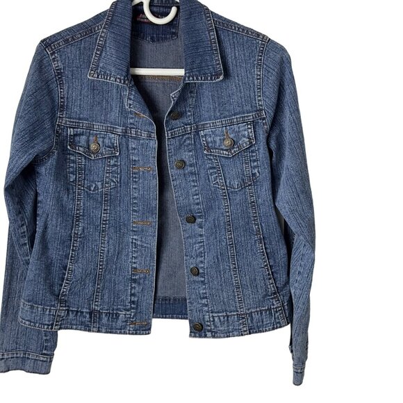 American Over Size Small Denim Jacket Collared Long Sleeve Blue Casual Layer - Picture 8 of 12